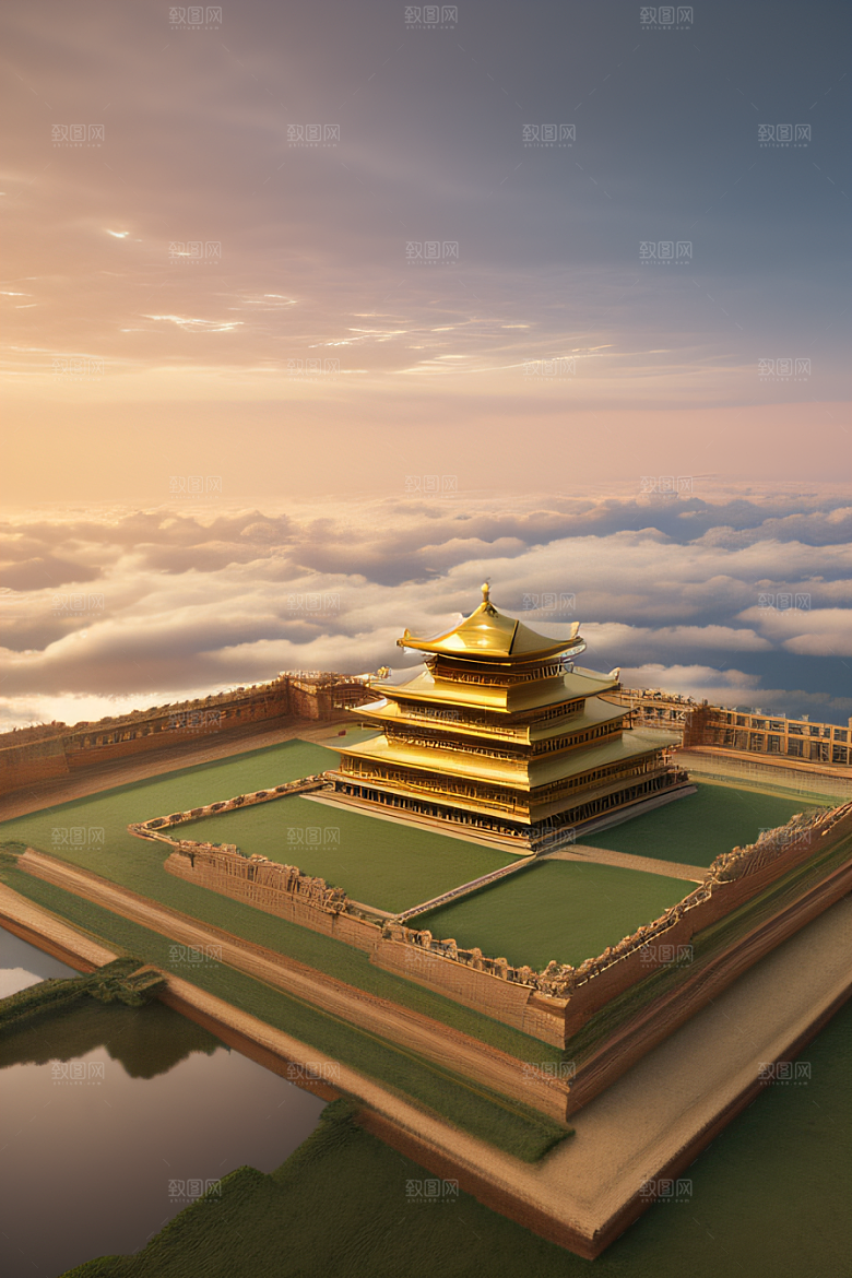 金碧辉煌的古代宫殿云海奇观