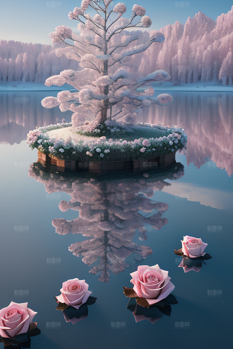 冰湖花海玫瑰倒影迷人