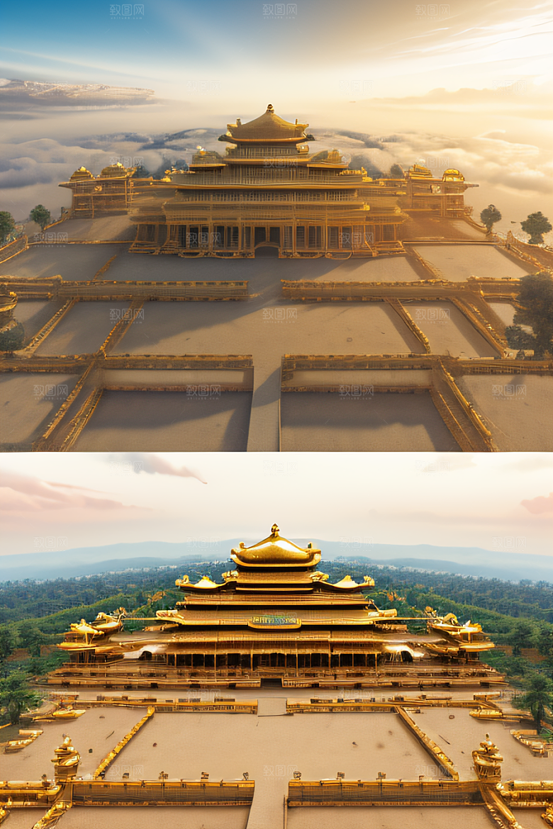 金碧辉煌的古代宫殿云海奇观