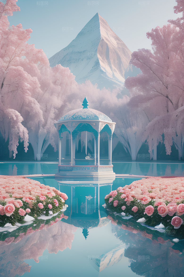 冰湖花海玫瑰倒影迷人