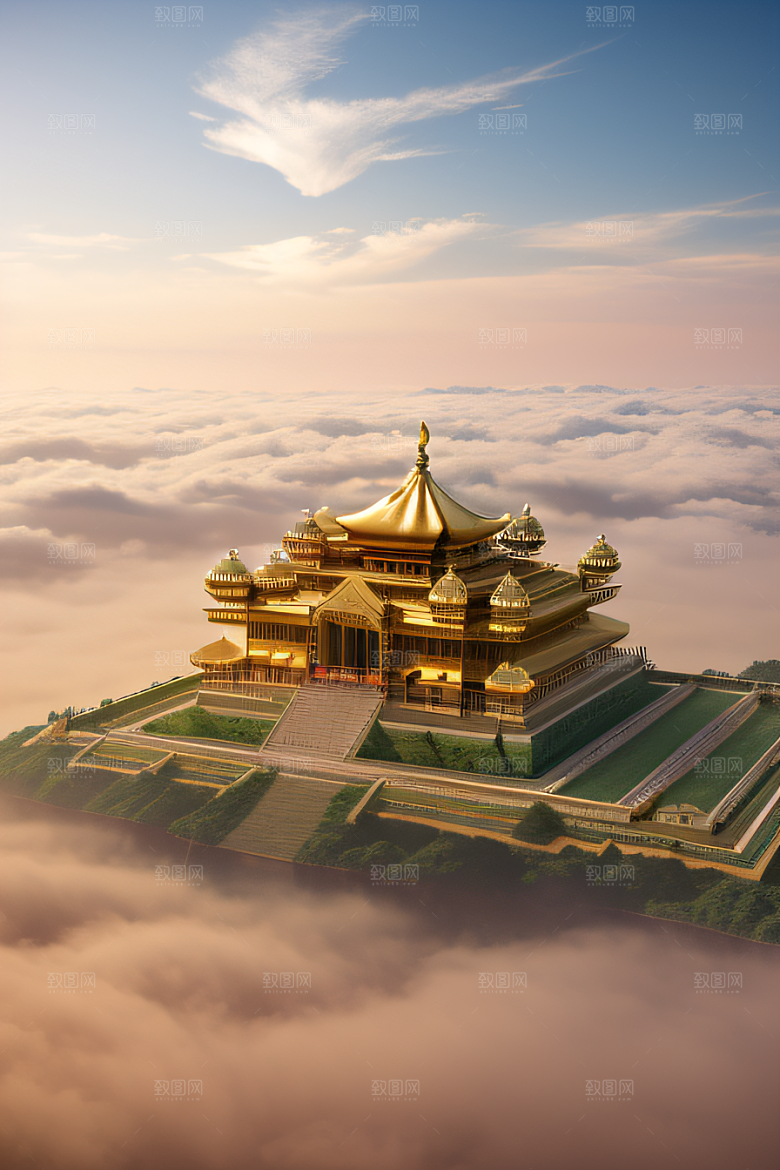 古老金色宫殿云海之上的壮丽