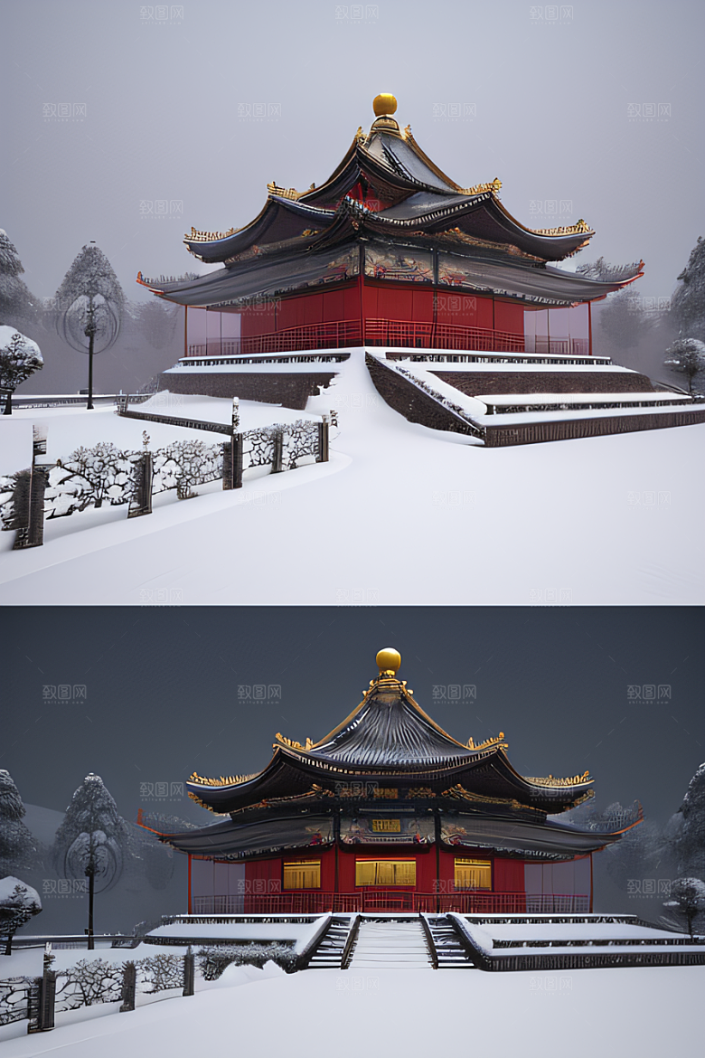 夜晚雪景下的金殿梦幻3D