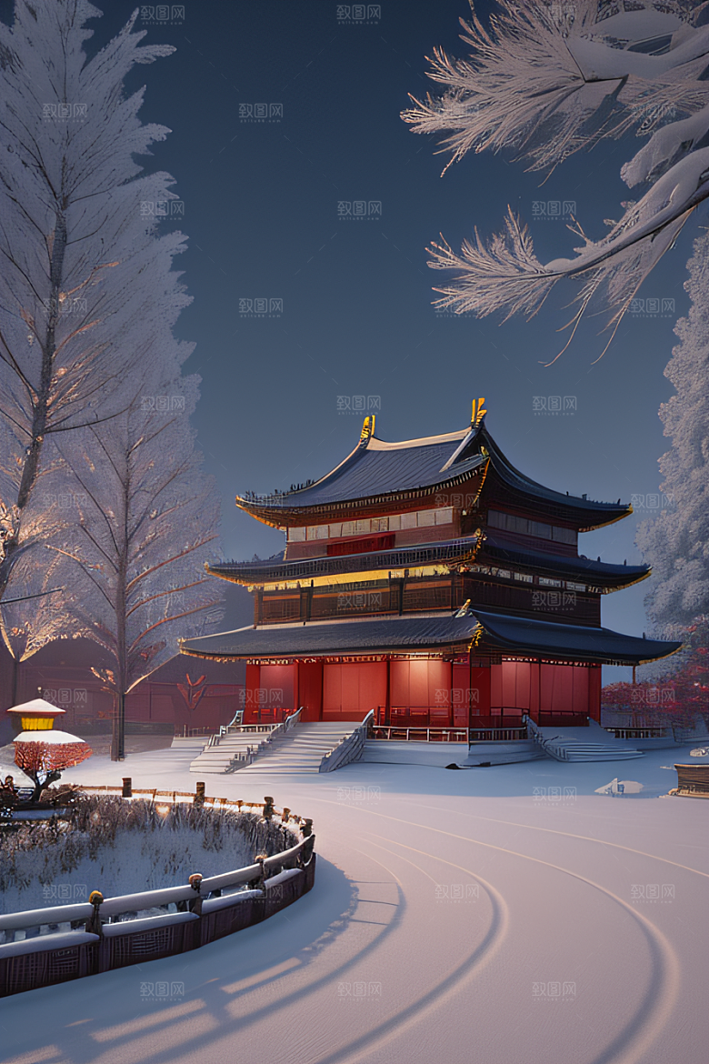 夜晚雪景下的金殿梦幻3D