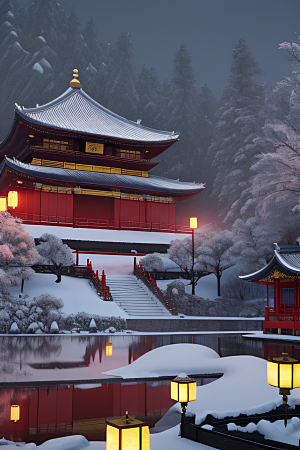 夜晚雪景下的金殿梦幻3D