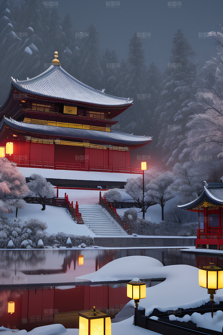 夜晚雪景下的金殿梦幻3D