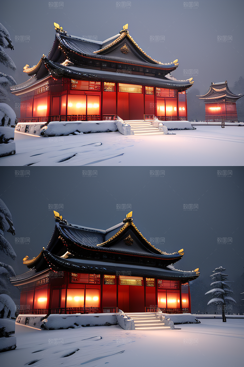 夜晚雪景下的金殿梦幻3D