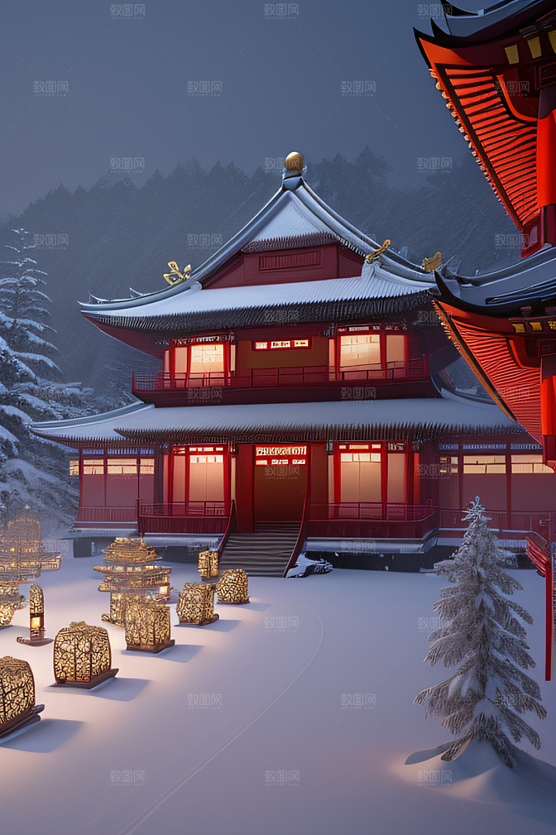 夜晚雪景下的金殿梦幻3D