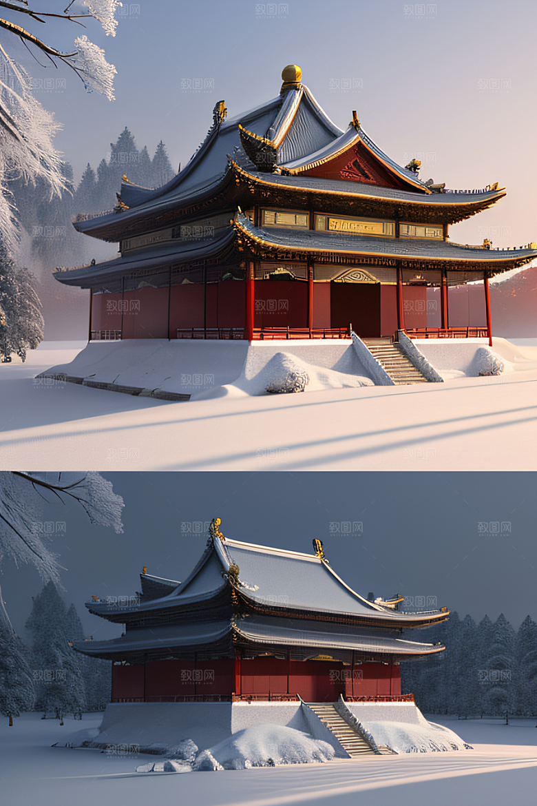 夜晚雪景下的金殿梦幻3D