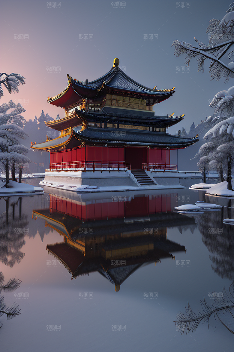 夜晚雪景下的金殿梦幻3D