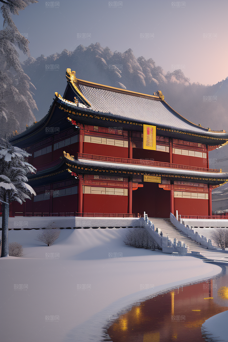 夜晚雪景下的金殿梦幻3D