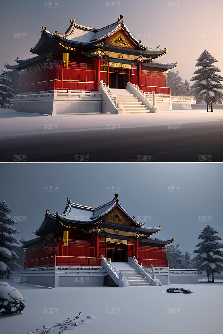 夜晚雪景下的金殿梦幻3D