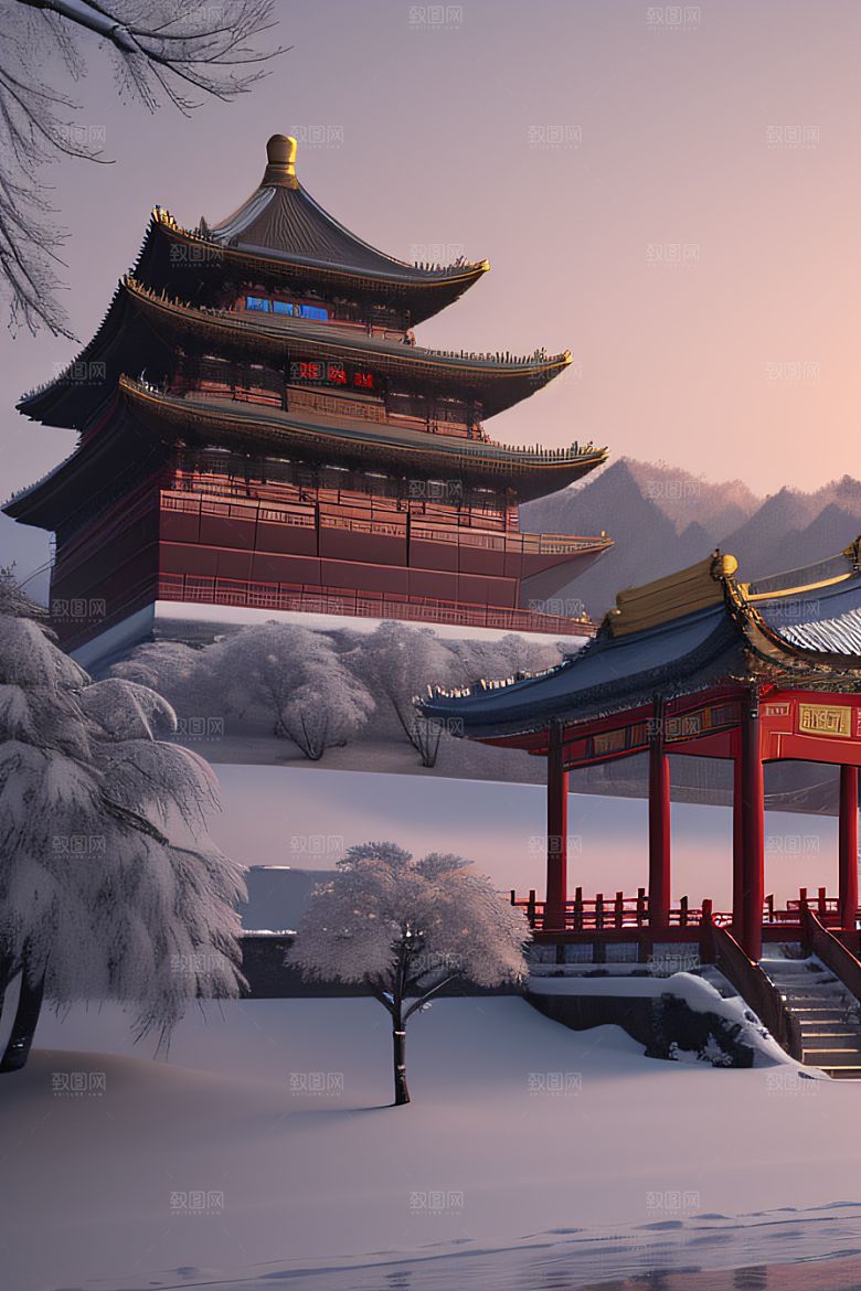 夜晚雪景下的金殿梦幻3D