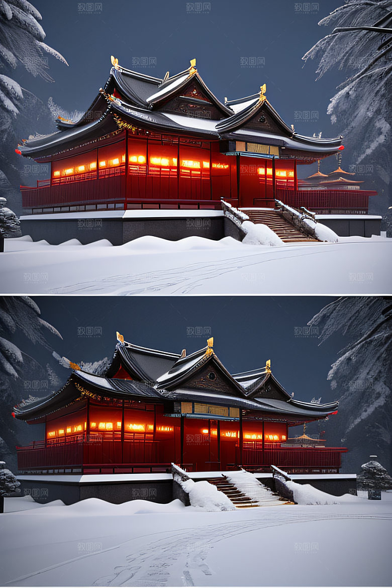 夜晚雪景下的金殿梦幻3D