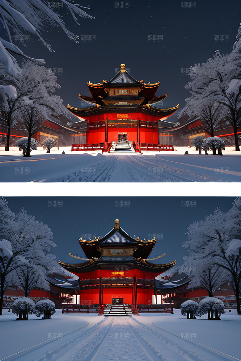 夜晚雪景下的金殿梦幻3D