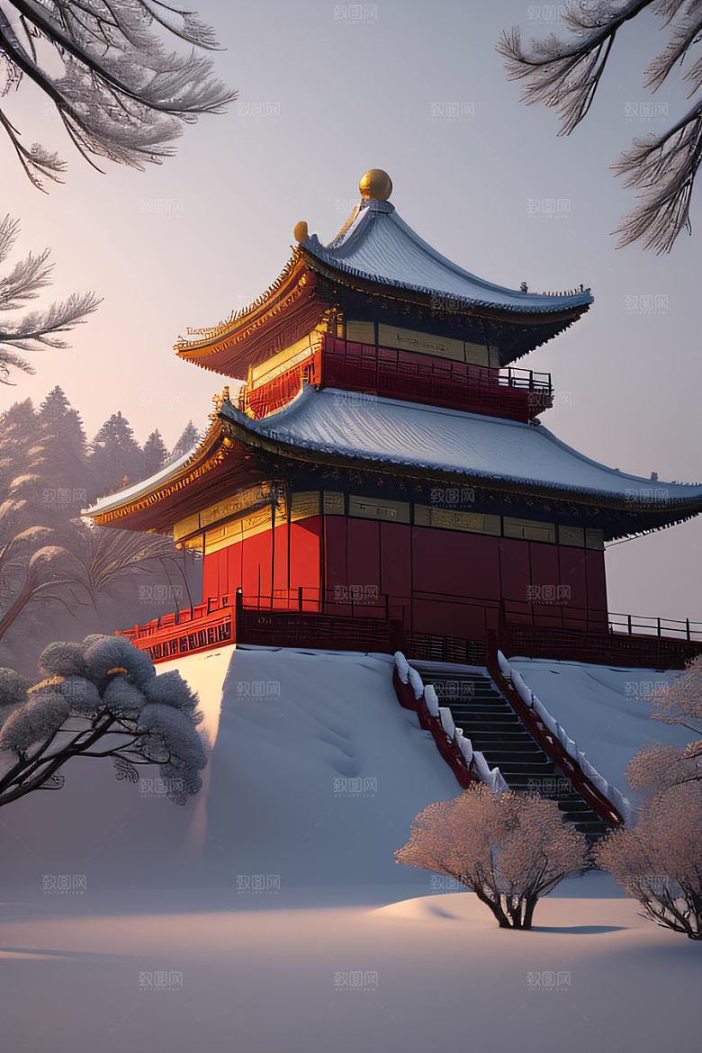 夜晚雪景下的金殿梦幻3D
