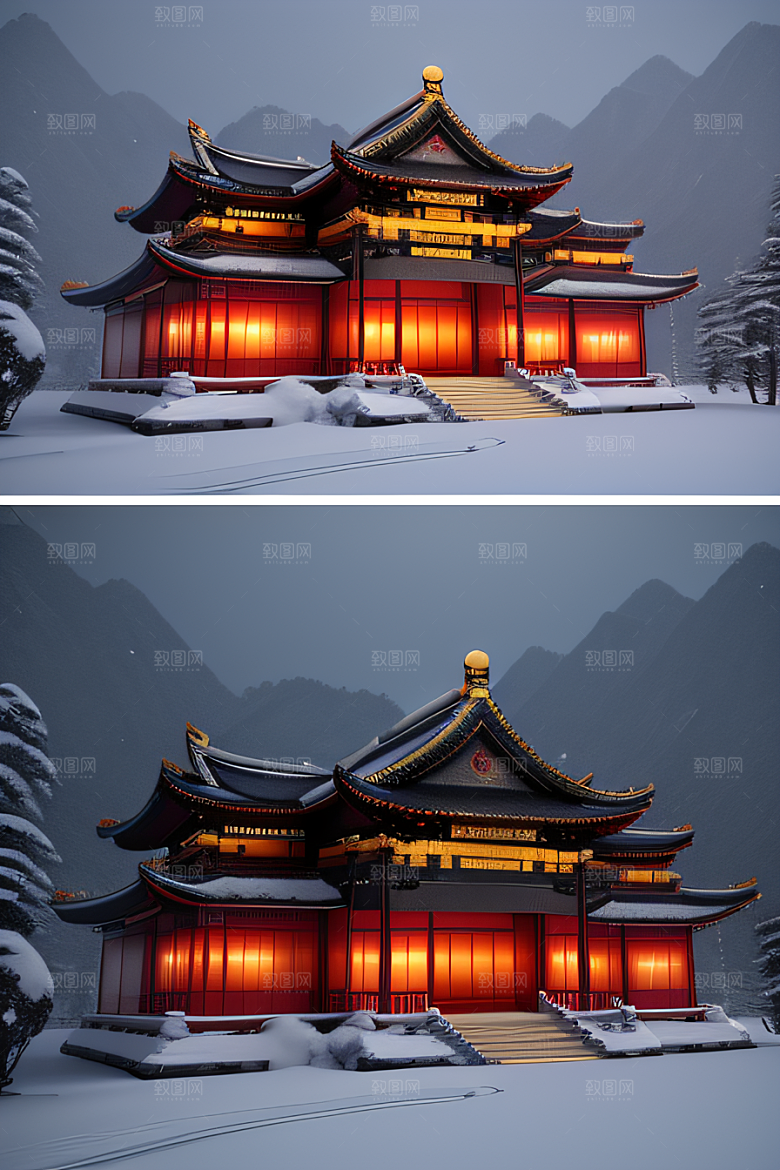 夜晚雪景下的金殿梦幻3D