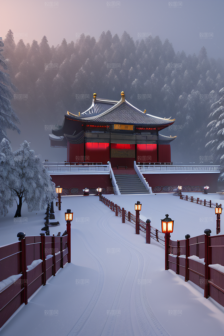 夜晚雪景下的金殿梦幻3D