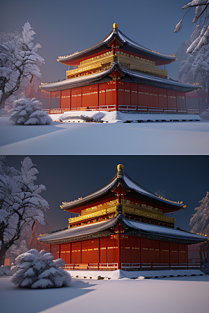夜晚雪景下的金殿梦幻3D