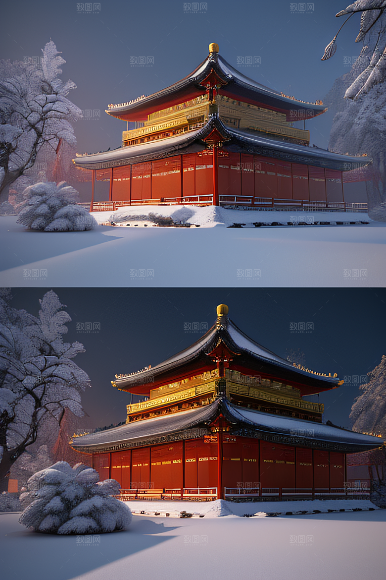 夜晚雪景下的金殿梦幻3D