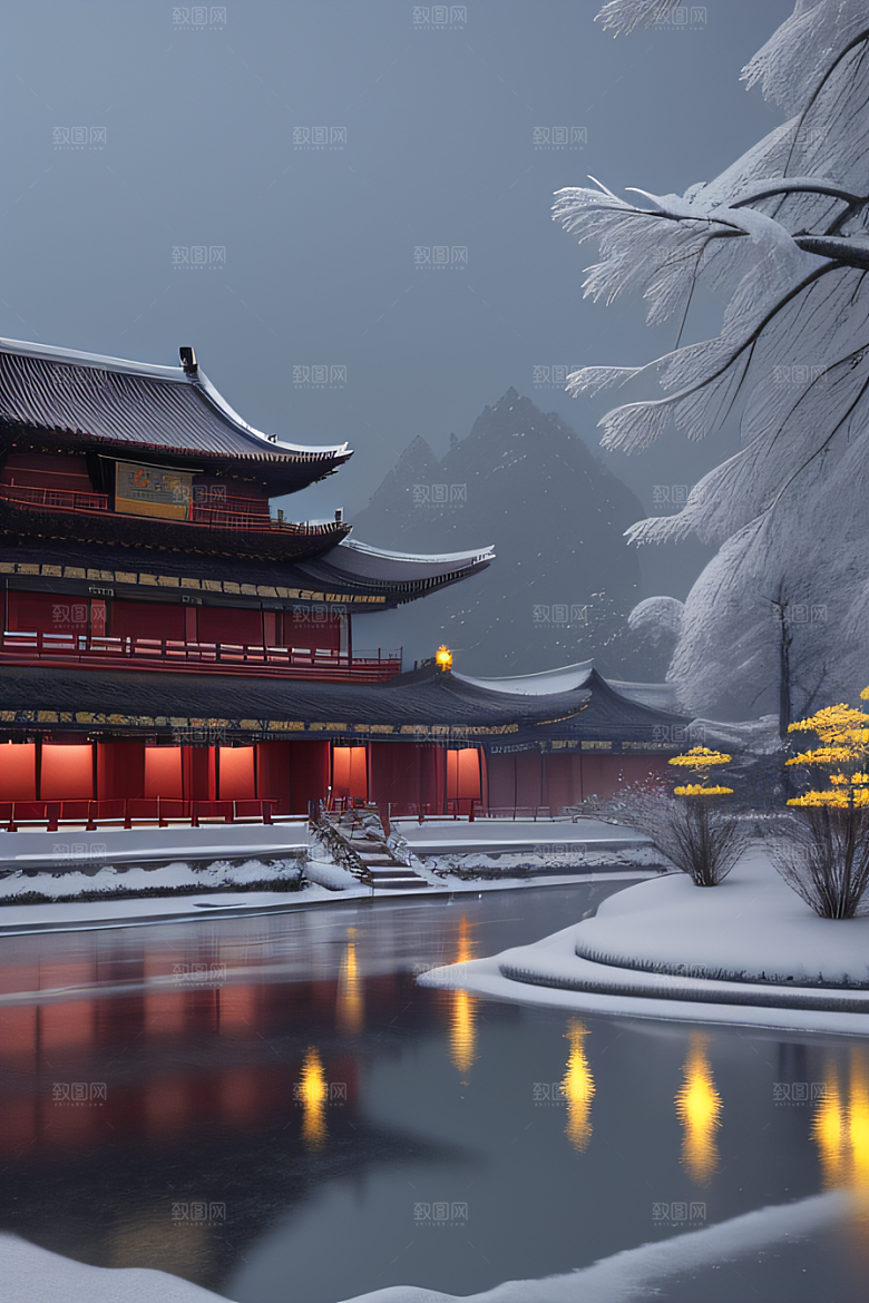 夜晚雪景下的金殿梦幻3D