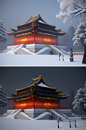 雪夜金殿梦幻细致3D