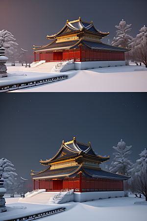 雪夜金殿梦幻细致3D