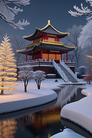 雪夜金殿梦幻细致3D
