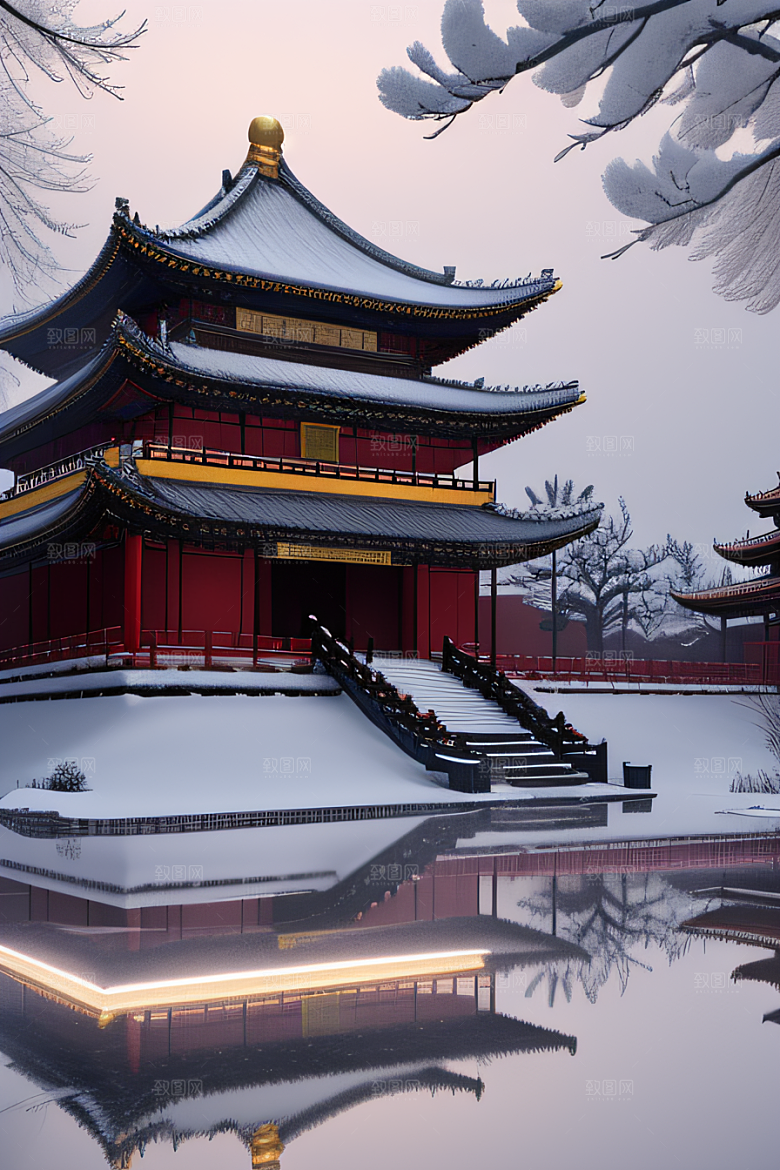夜晚金色中国宫殿雪域梦幻