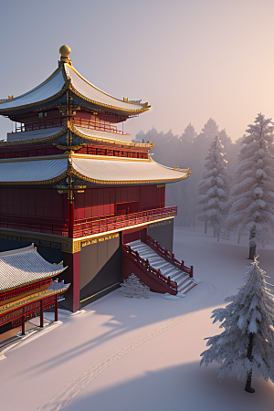 夜晚金色中国宫殿雪域梦幻