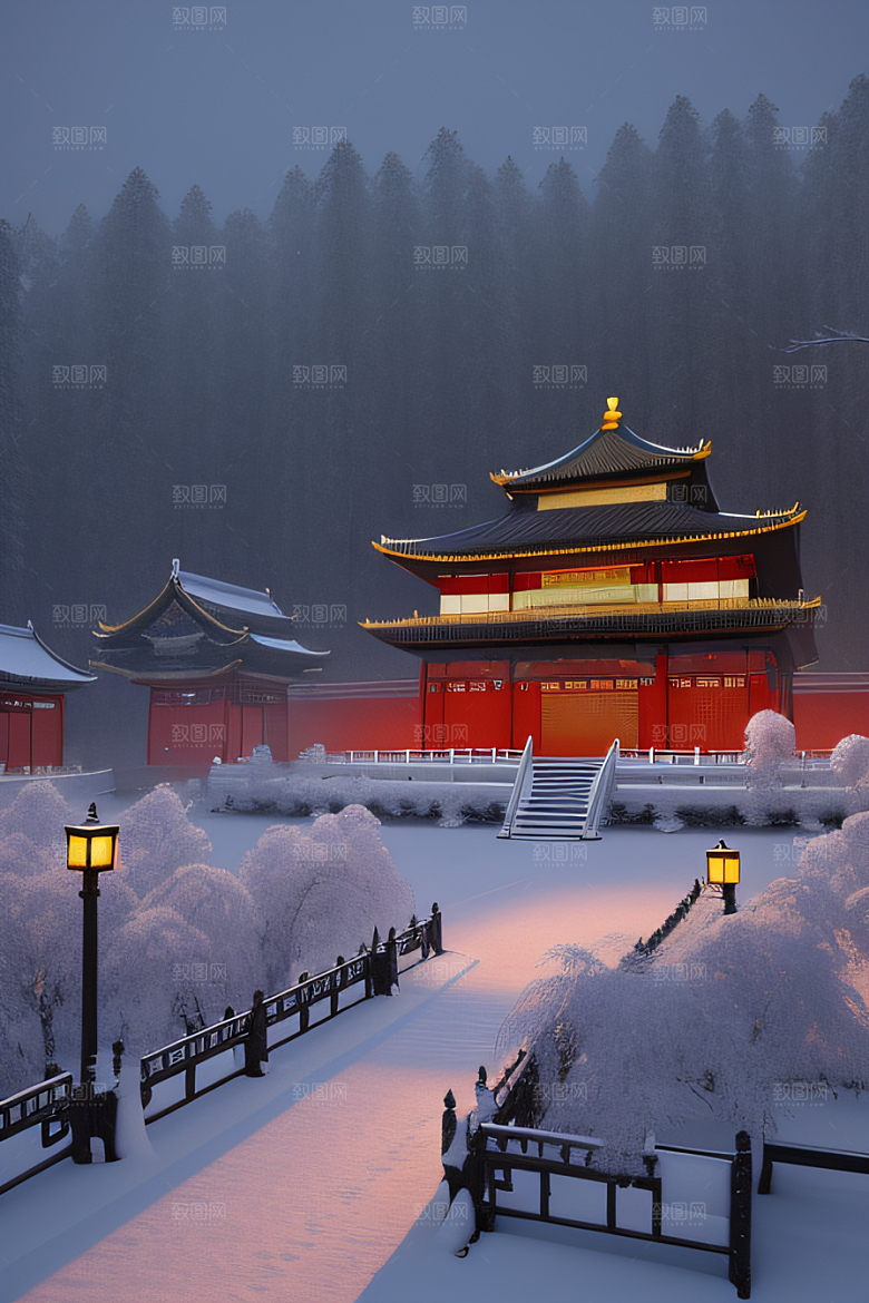夜晚金色中国宫殿雪域梦幻