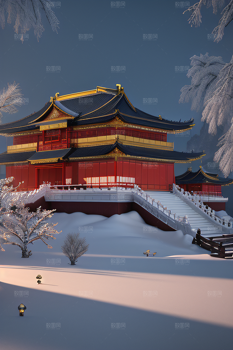 夜晚金色中国宫殿雪域梦幻