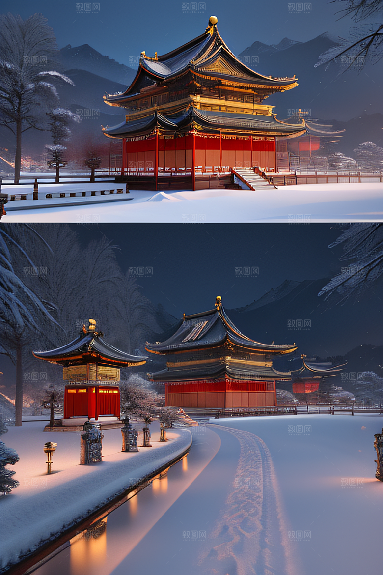 夜晚金色中国宫殿雪域梦幻