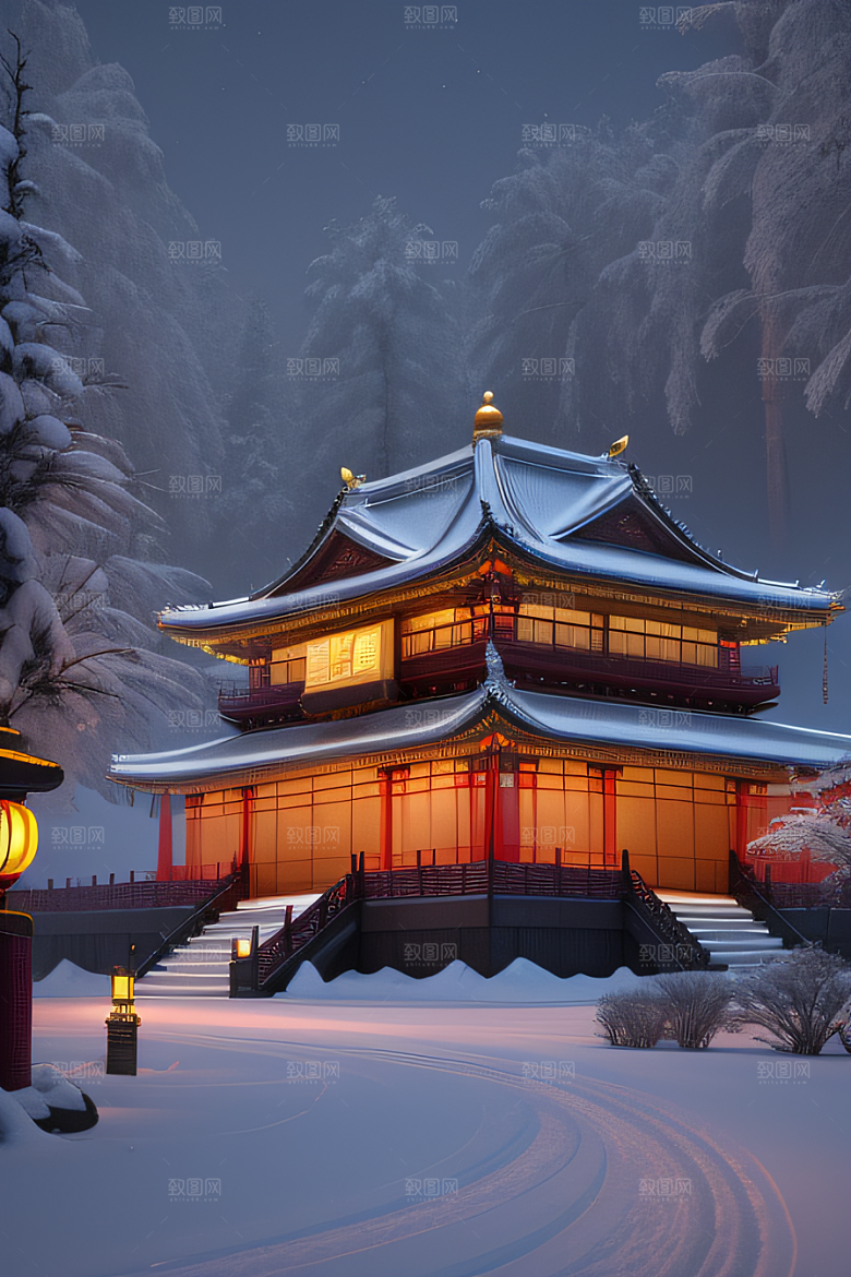 夜晚金色中国宫殿雪域梦幻