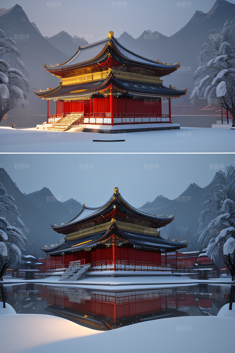夜晚金色中国宫殿雪域梦幻