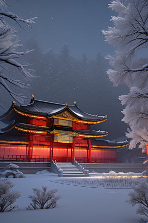 夜晚金色中国宫殿雪域梦幻