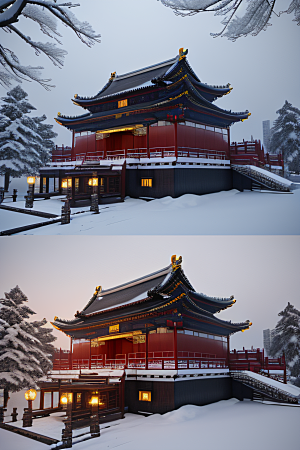 夜晚金色中国宫殿雪域梦幻