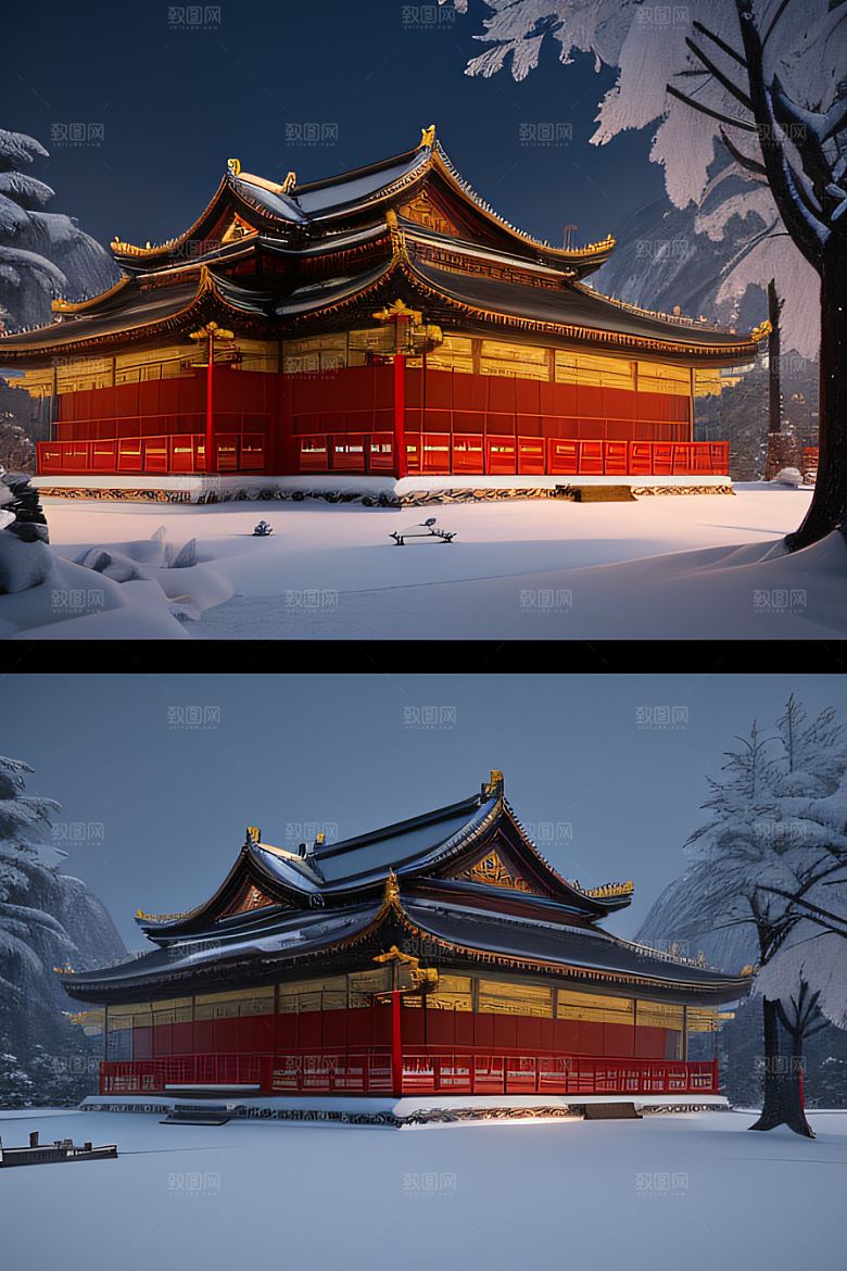 夜晚金色中国宫殿雪域梦幻