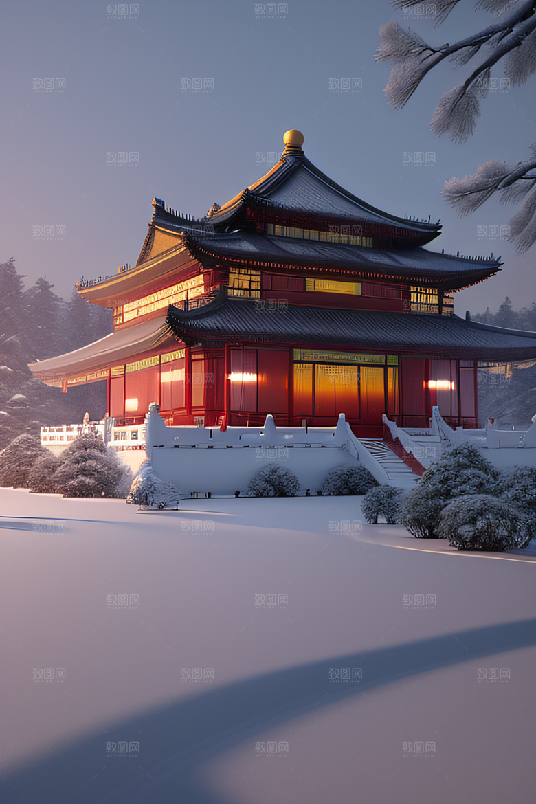 夜晚金色中国宫殿雪域梦幻