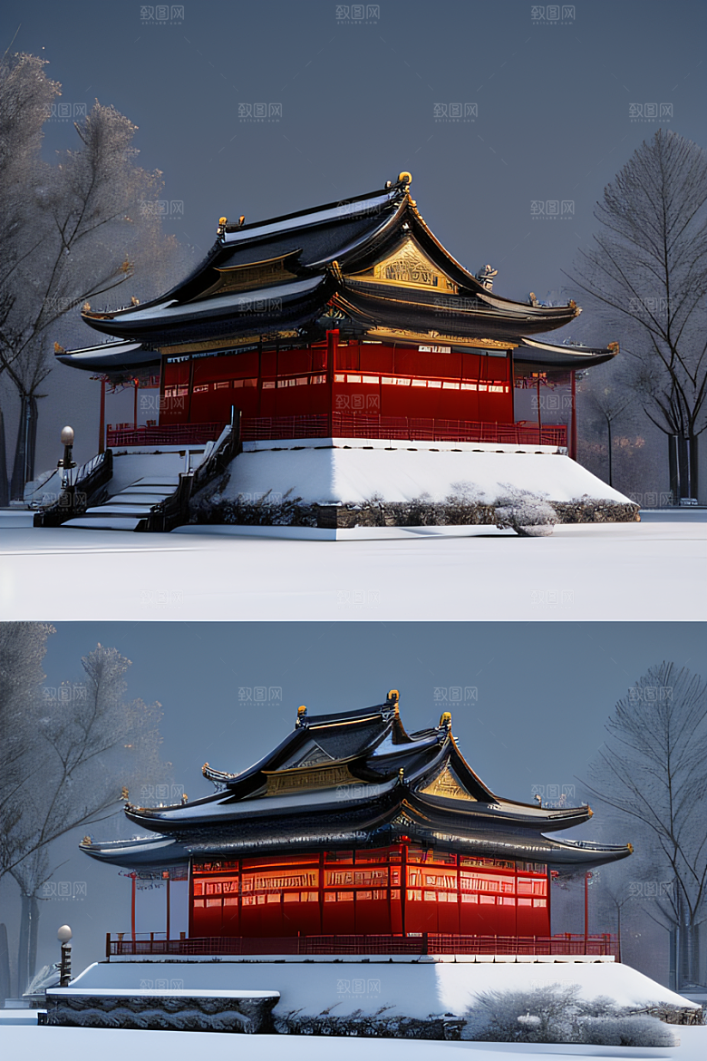夜晚金色中国宫殿雪域梦幻