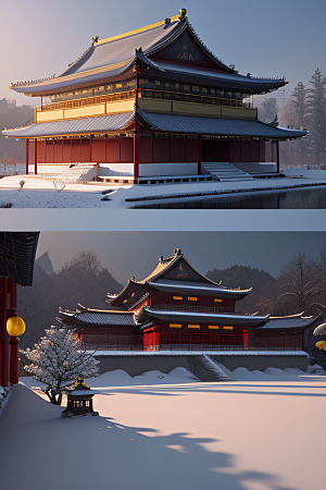 夜晚金色中国宫殿雪域梦幻