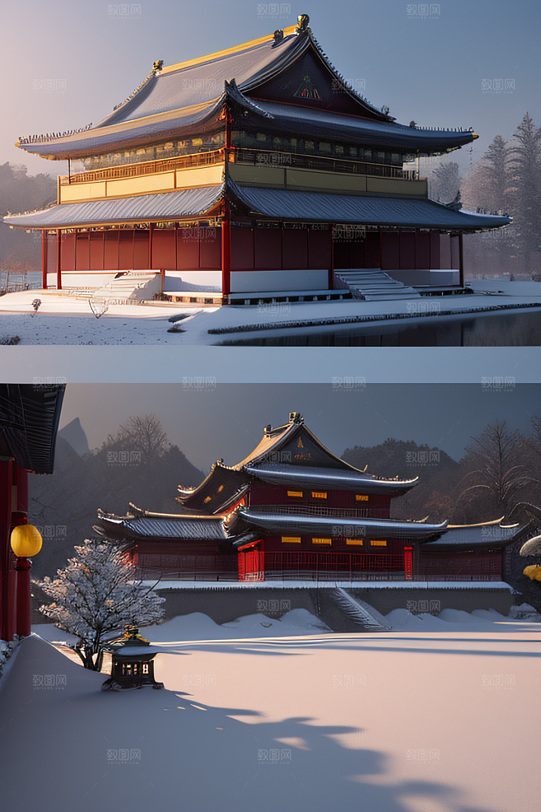 夜晚金色中国宫殿雪域梦幻