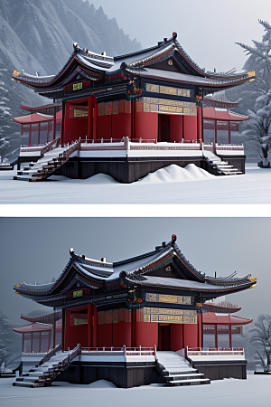 夜晚金色中国宫殿雪域梦幻