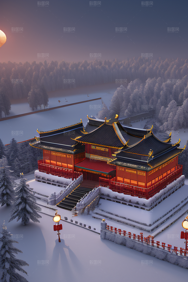 夜晚金色中国宫殿雪域梦幻