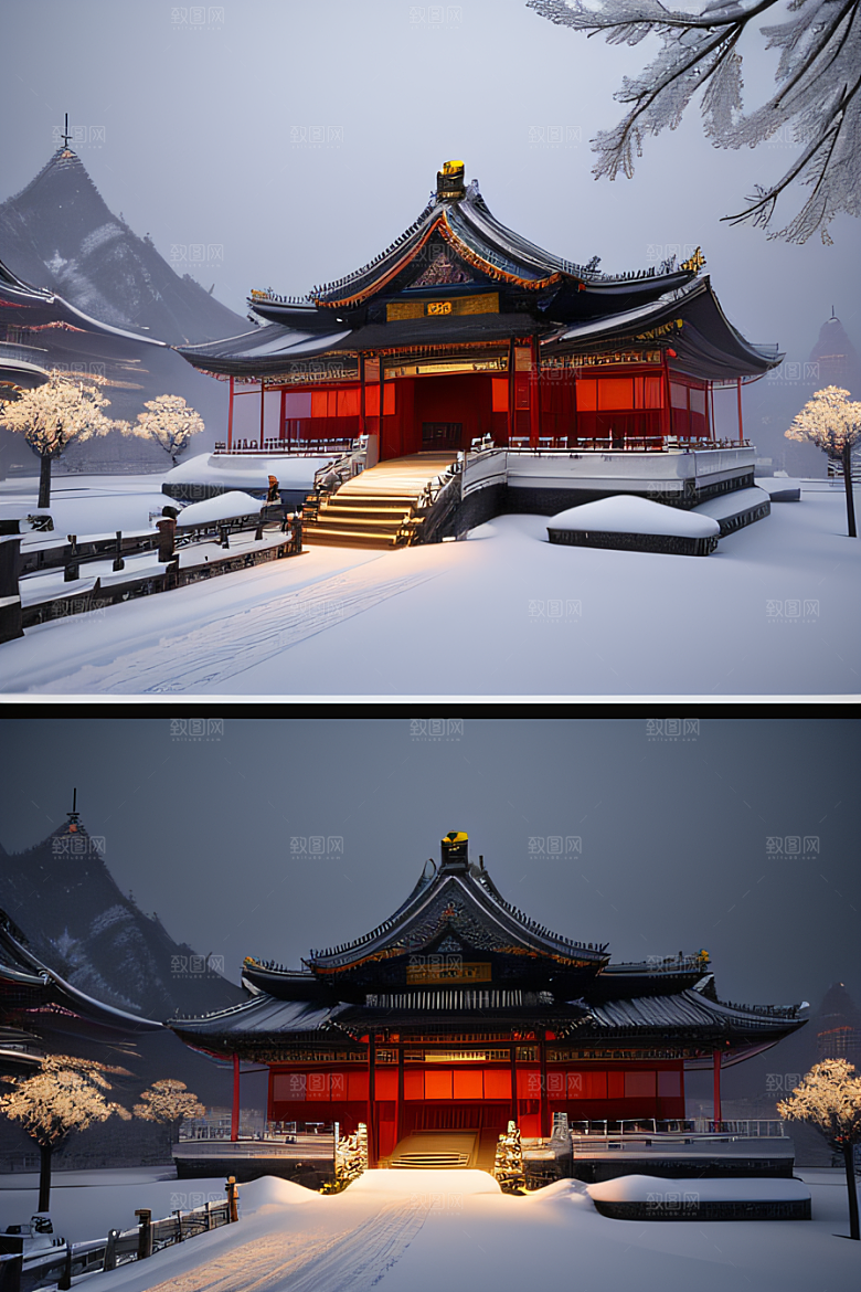 夜晚金色中国宫殿雪域梦幻