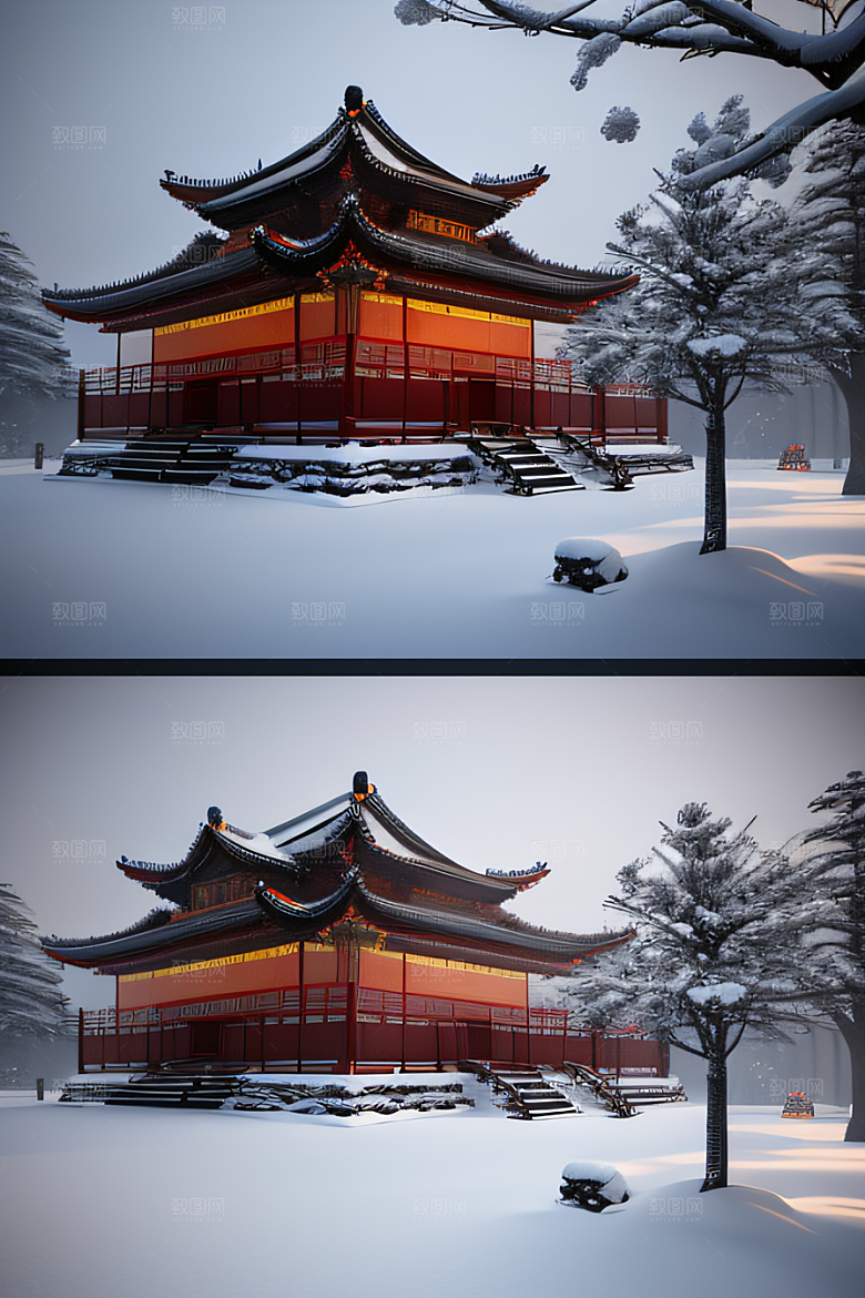 夜晚金色中国宫殿雪域梦幻