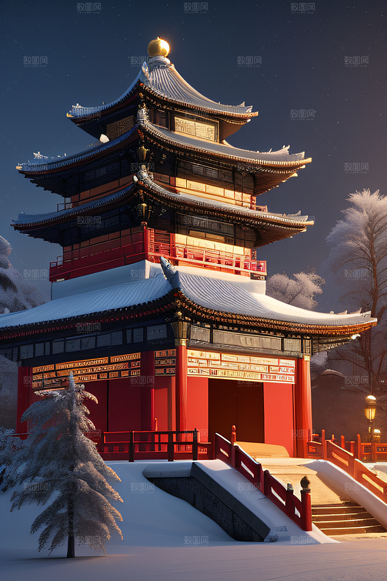 夜晚金色中国宫殿雪域梦幻