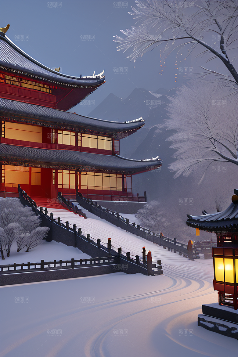 夜晚金色中国宫殿雪域梦幻