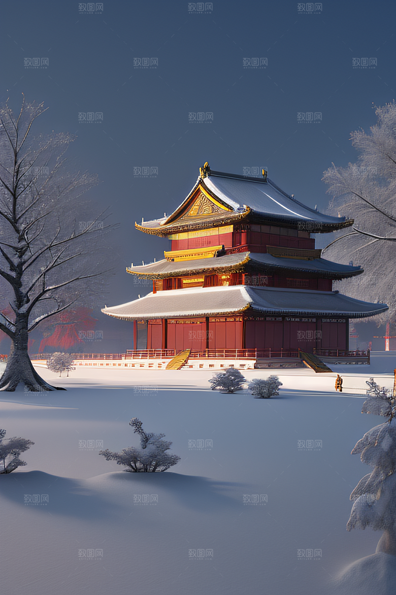 夜晚金色中国宫殿雪域梦幻