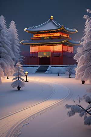 梦幻雪景夜晚金殿3D