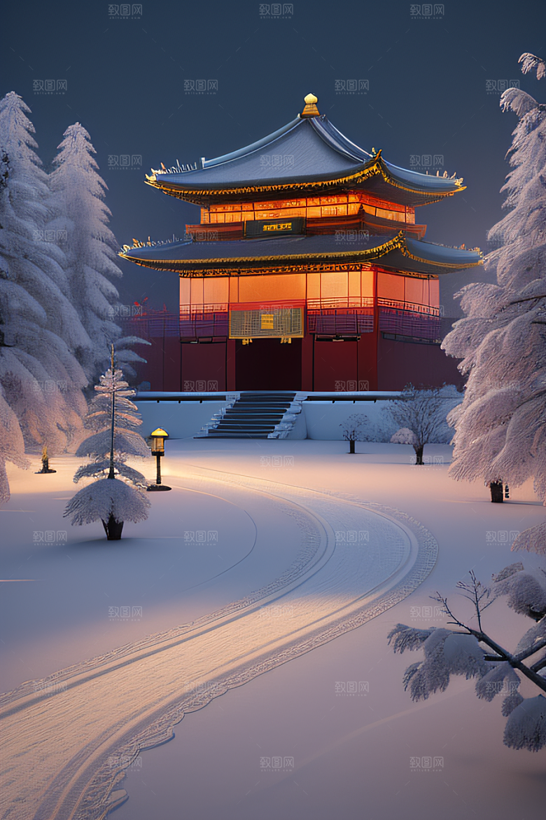 梦幻雪景夜晚金殿3D